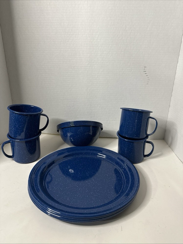Speckled Blue Enamelware 12-Piece Dining Set for Camping