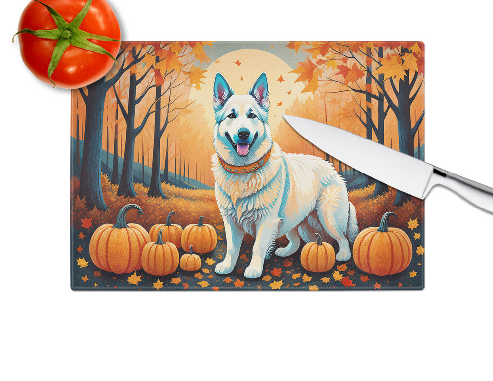 White German Shepherd Fall Glass Cutting Board