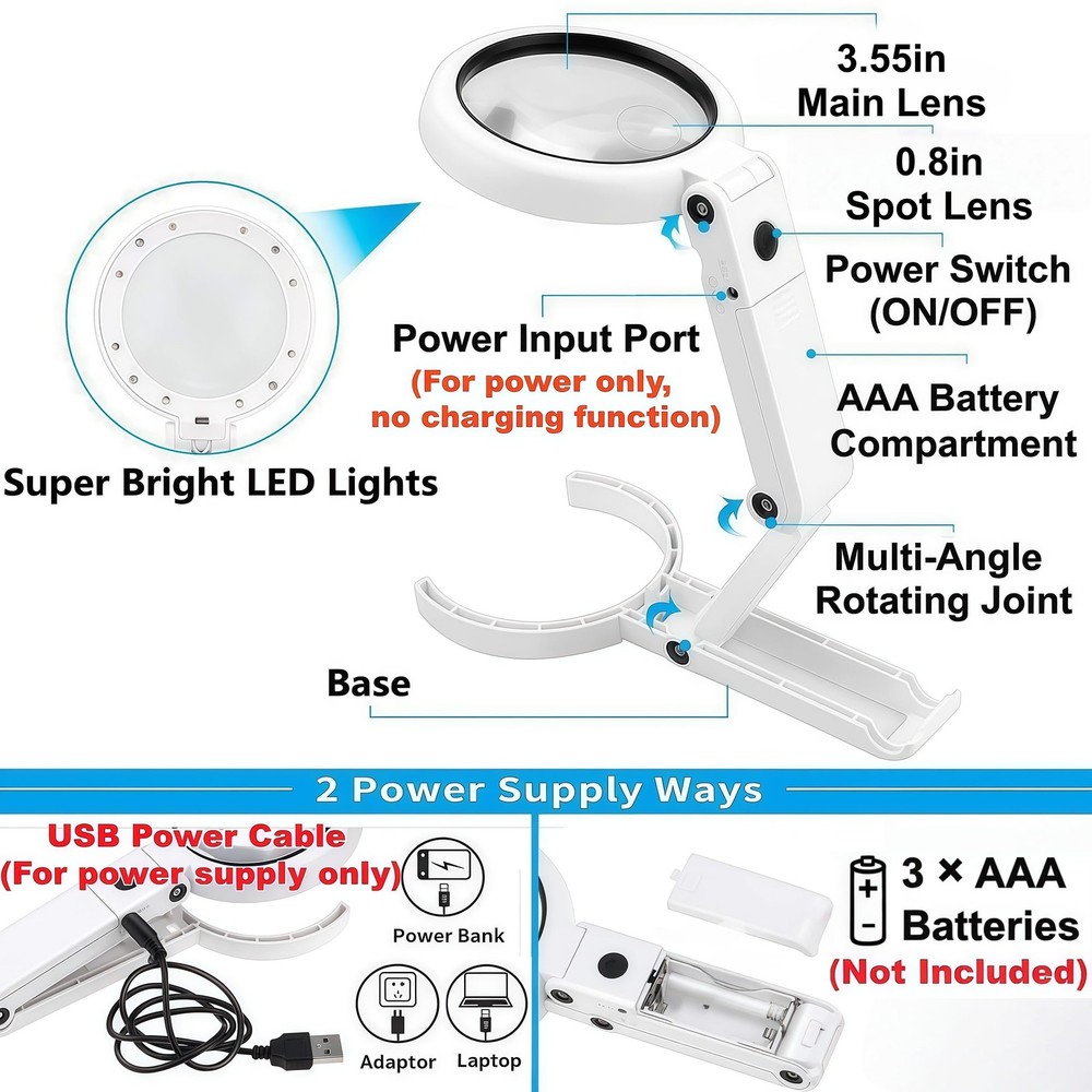 Magnifying Glass with Light and Stand, Foldable Handheld Large Magnifying Gla...