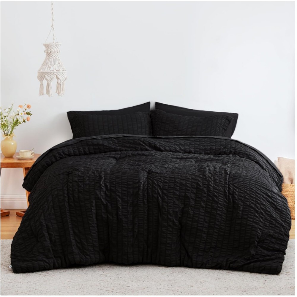 Seersucker Black Queen Comforter Set, 7-Piece Bedding Bundle