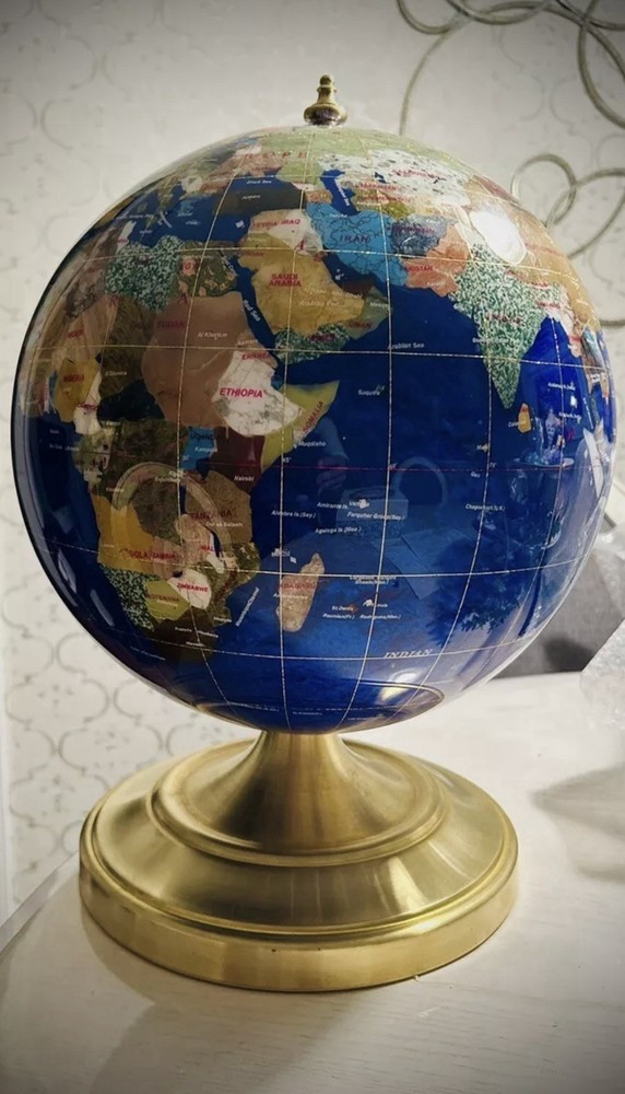 Gemstone Earth Globe On Brass Stand