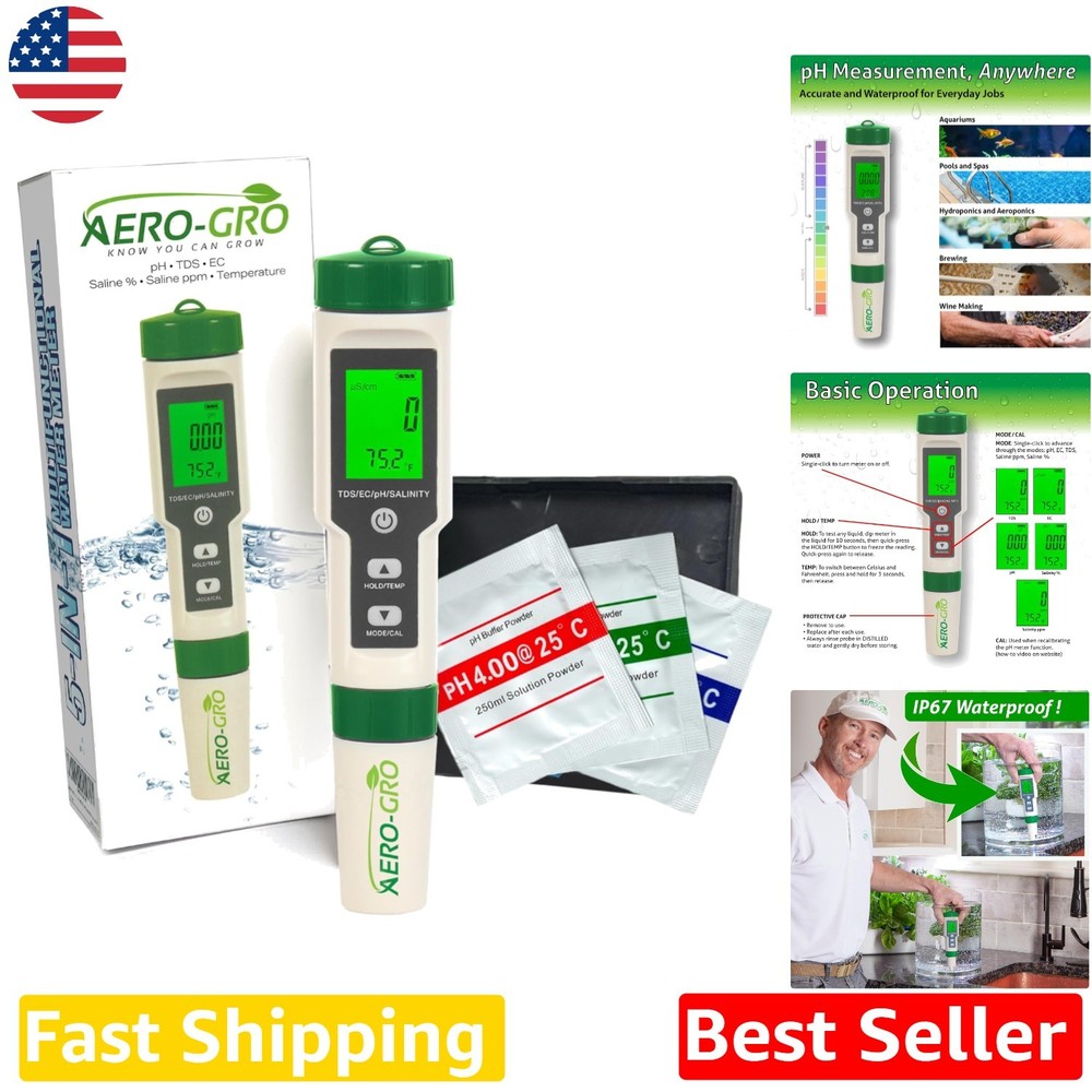 Digital 5-in-1 pH Meter:  Waterproof, TDS, EC, Salinity, Temp Tester