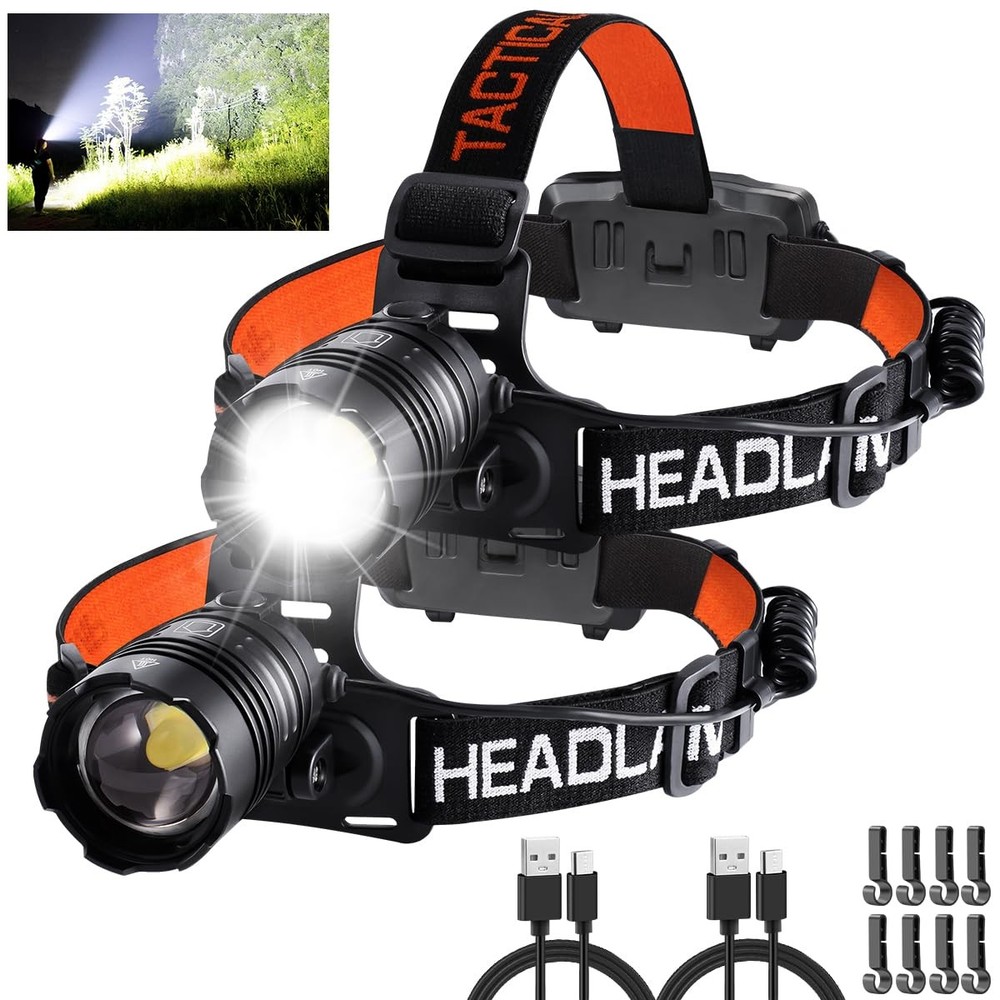 Headlamp Rechargeable 2Pack, Head lamps led rechargeable, Adjustable Focus He...