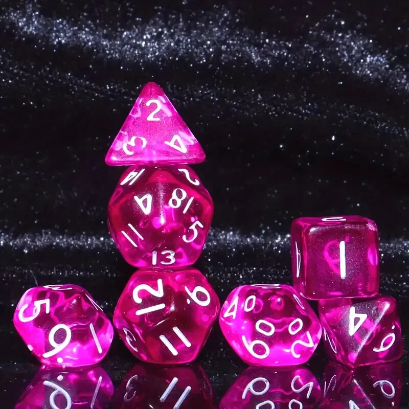 7pcs Mini Game Dice Set, Acrylic Multi-Sided Design Transparent Style Pink Table