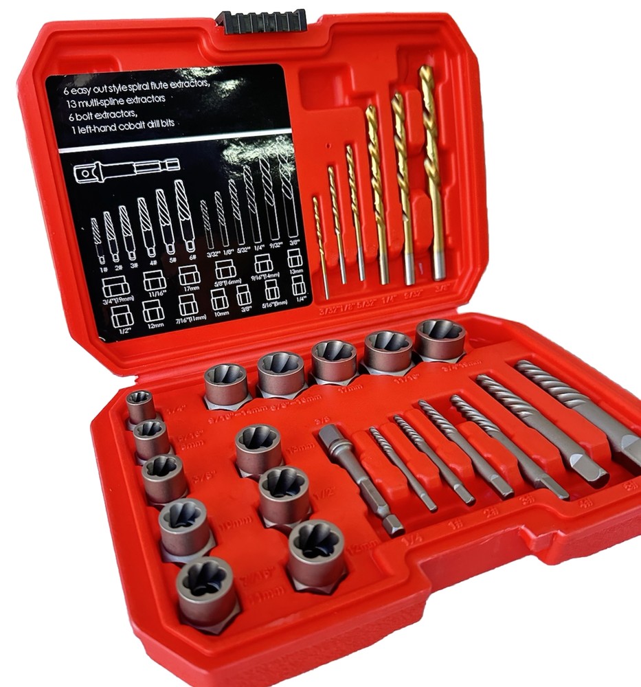 26pc Screws Bolt Extractor Set W/Reverse Drill Bit Kit Lug Nut Extraction EZ Out