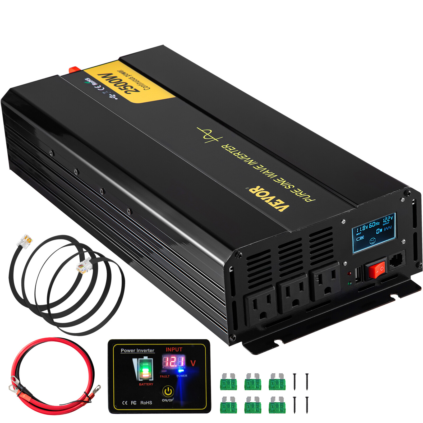 VEVOR Pure Sine Wave Inverter Power Inverter 2500W DC12V to AC120V Inverter LCD