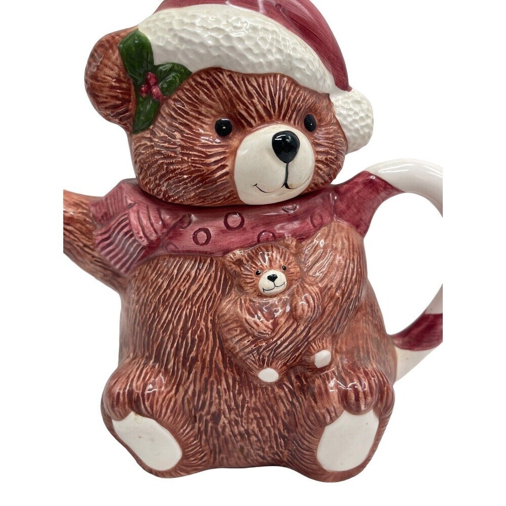 Christmas Brown Bear Teapot Candy Cane Handle RARE Ceramic