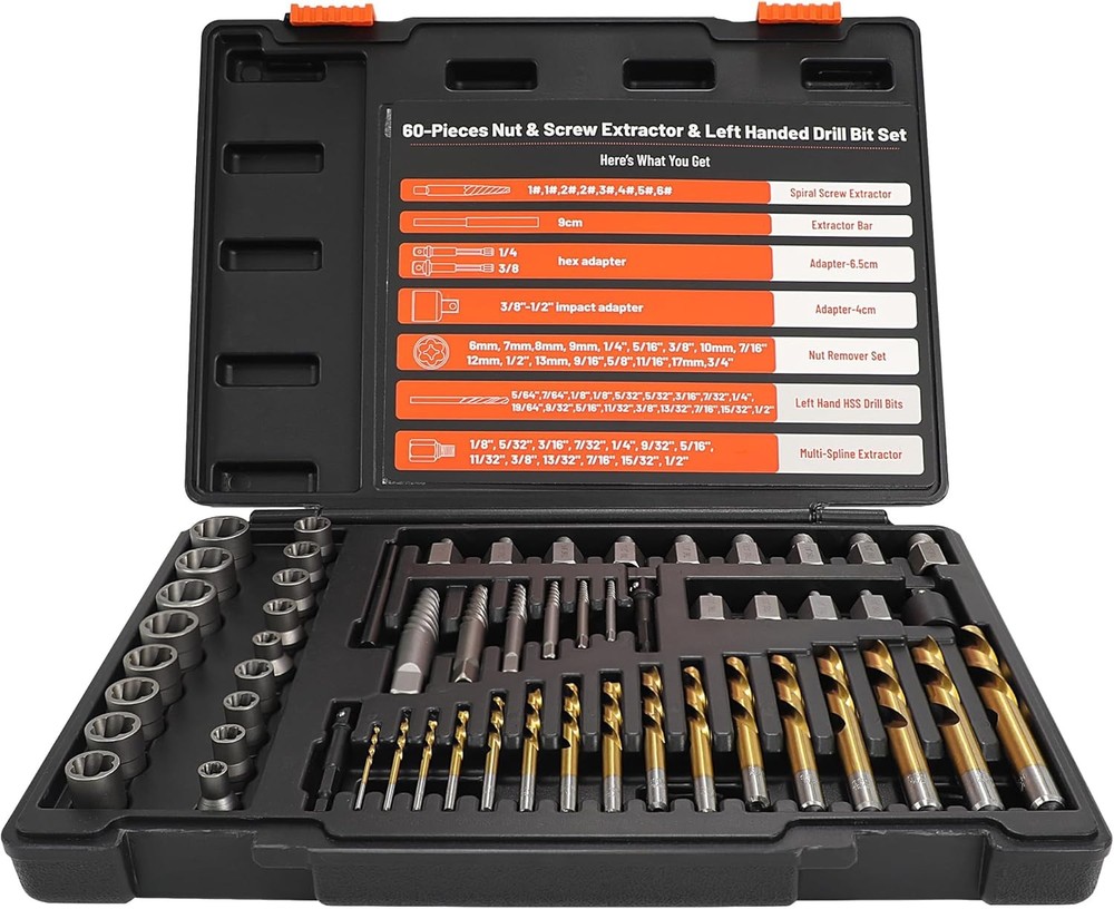 56Pcs Spiral Screw Extractor Set, Left Hand Drill Bit Set with Hex Adapter
