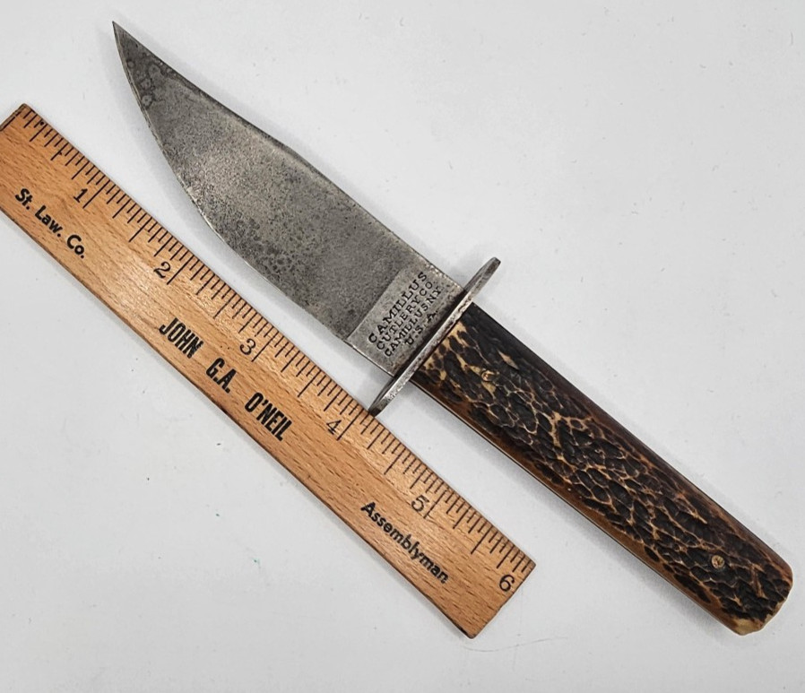 Vintage Camillus Four-Line Stamp Fixed Blade Knife Jigged Bone