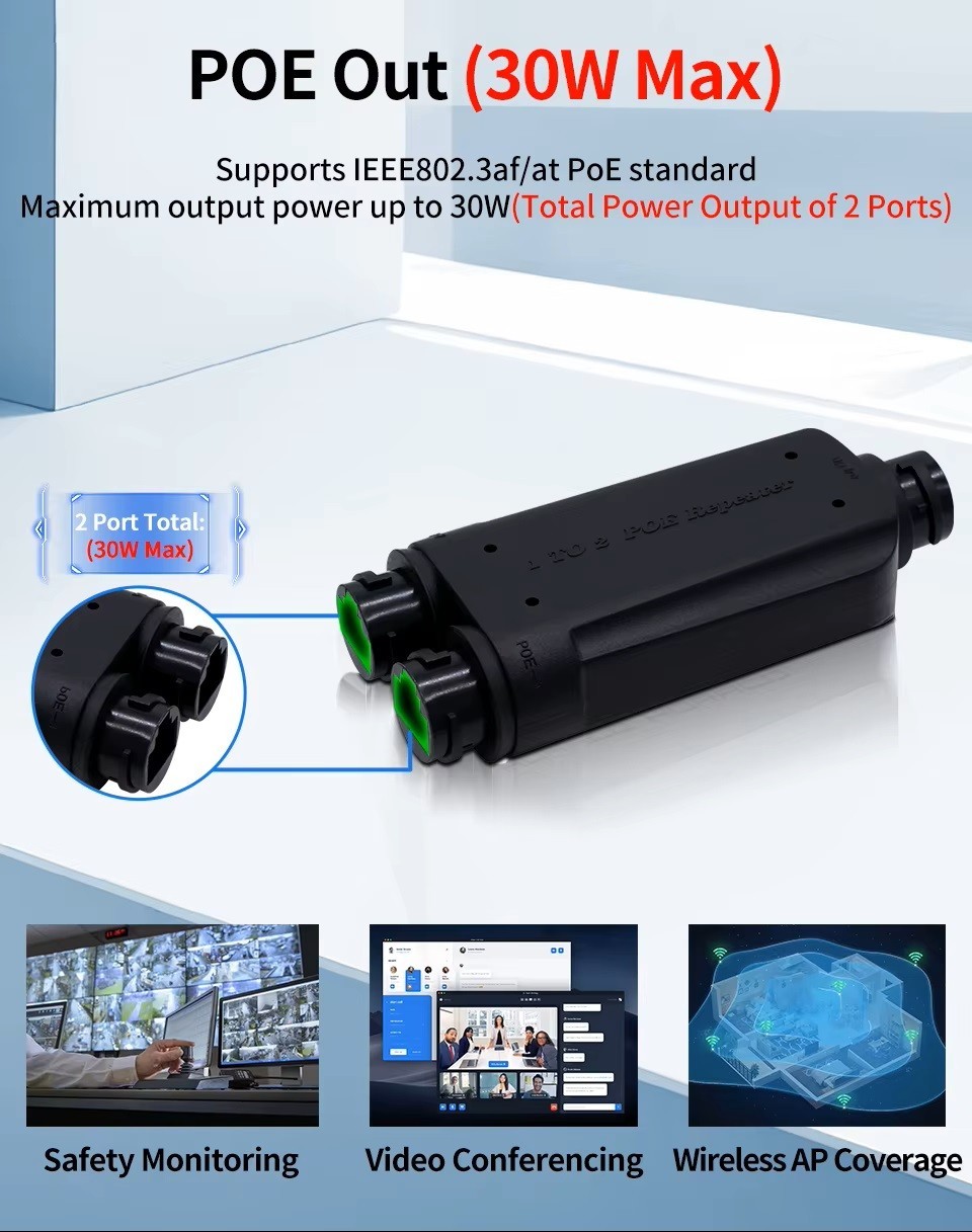 2 Port Waterproof POE Repeater IP66 10/100Mbps 1 to 2 PoE Extender