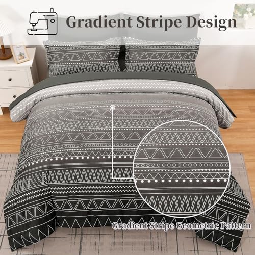 Boho Comforter Set Queen Size 7 Piece Stripe Gradient Queen 90“×90” Black Grey