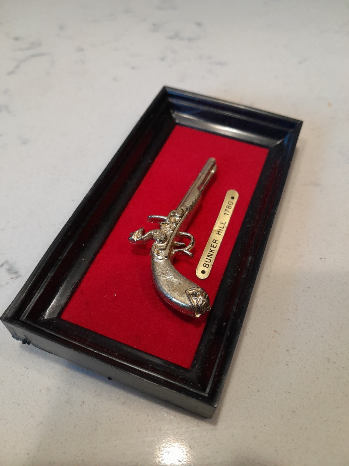 Vintage 1970s Miniature Brass Pistol Model Bunker Hill 1780 Framed 4"