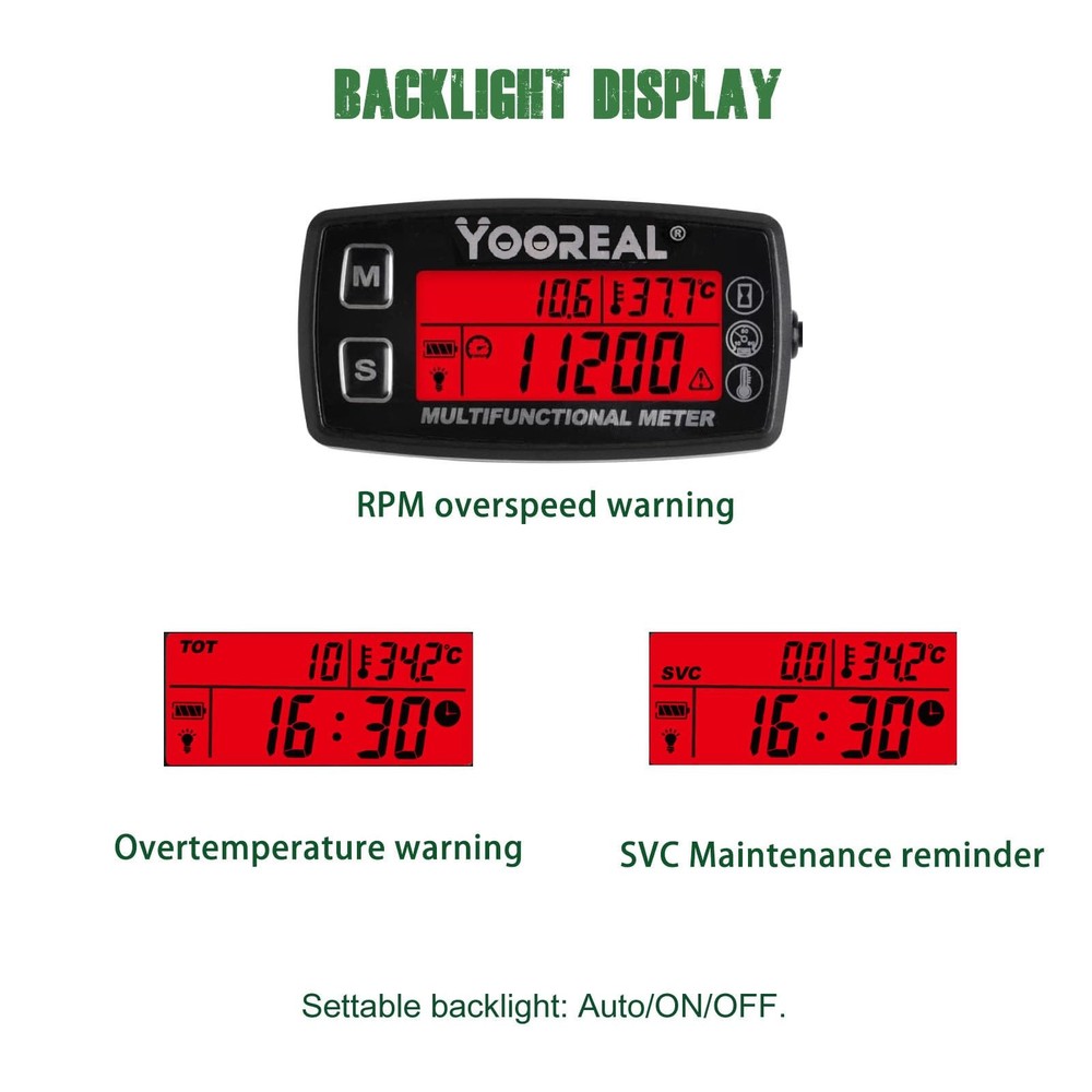 Yooreal Digital Tach Hour Meter,Small Engine Temperature HM035A TS002