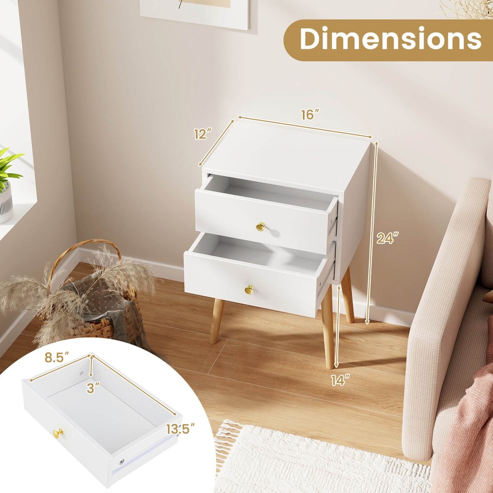 Costway 2PC Modern 2 Drawers Nightstand Sofa Side Table End Table Elegant White