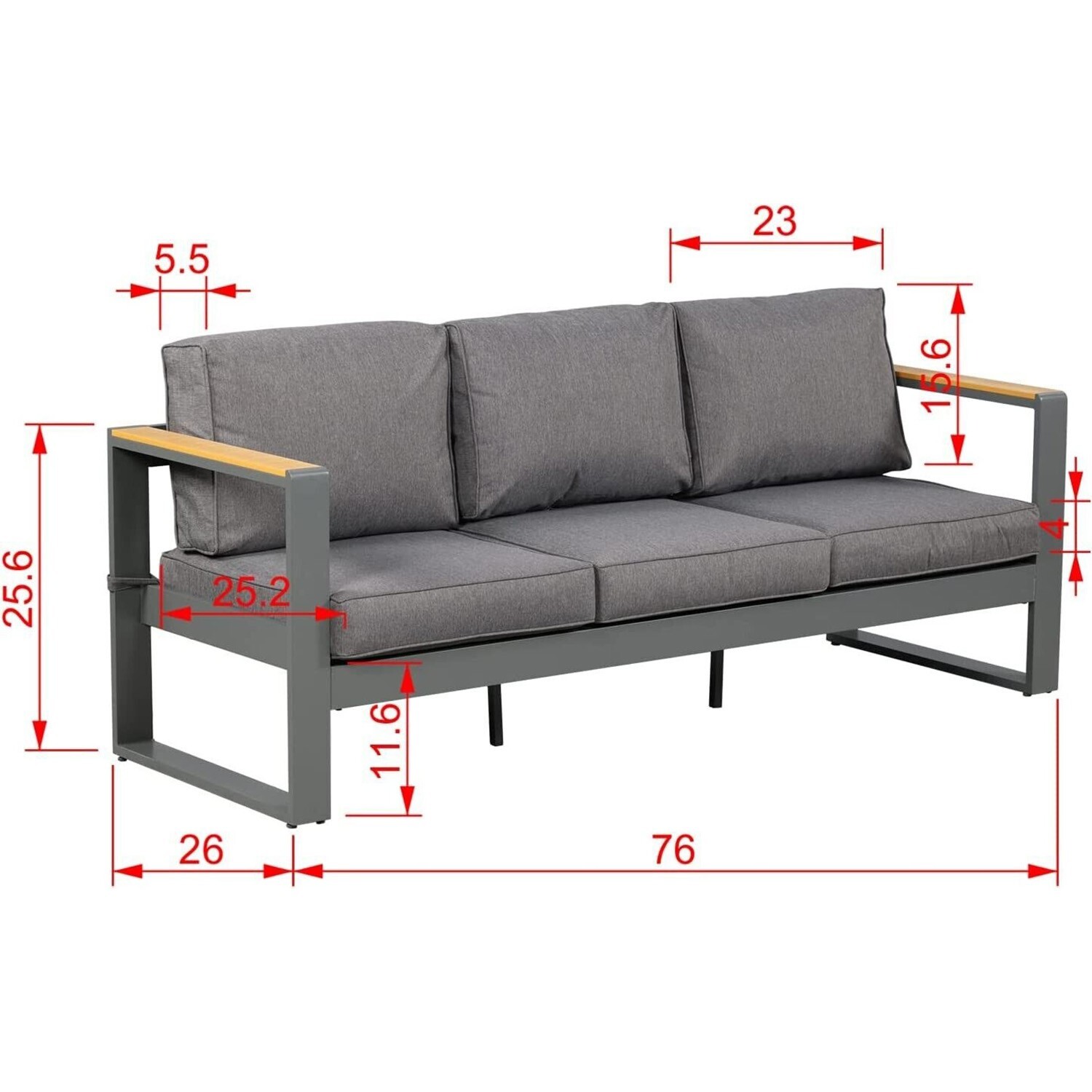 Aoodor Patio Furniture 3 Seater Aluminum Sofa Couch Deep Seat Conversation Set