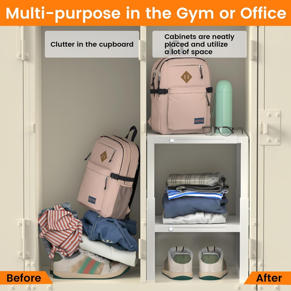 Locker Organizer Shelf White Metal - Adjustable Width/Height for School/Office/G