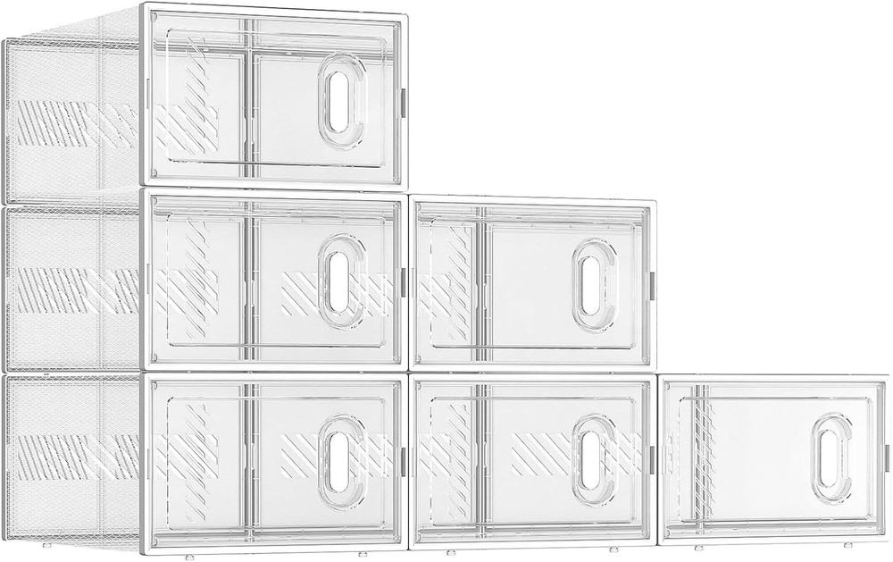 6 Pack Stackable Shoe Storage Boxes Fit Size 9, Thickened Clear Shoe Box Bins wi