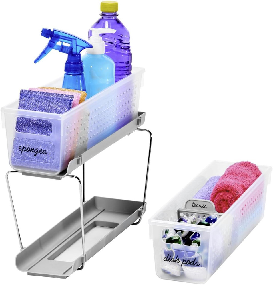 2-Tier Plastic Mini Multipurpose Organizer with Divided Slide-Out Storage Bins,