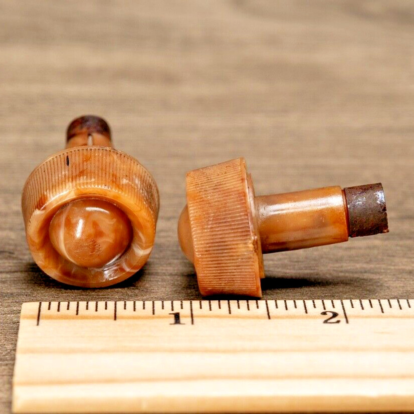 Midcentury Bendix Radio Knobs 2pc Caramel Swirled Plastic 1/4" Opening D Shaft