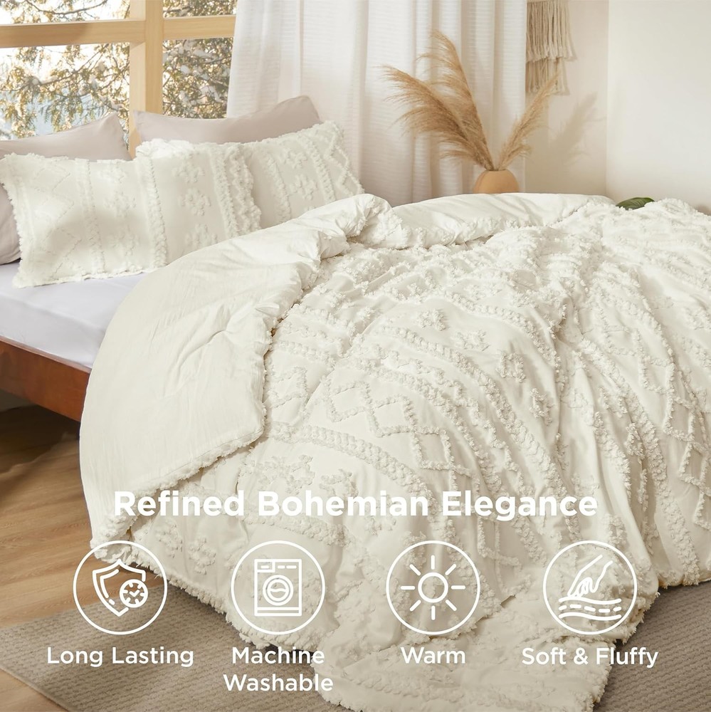 Tufted Boho Comforter Set King Size Ivory Boho Bed Set 3 Pcs