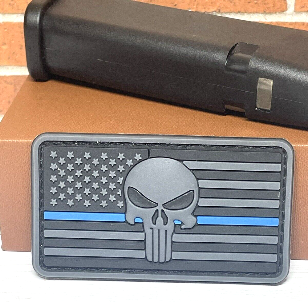 Punisher PVC Patch, Thin Blue Line Tactical Blue Black Gray USA Flag, Hook Loop