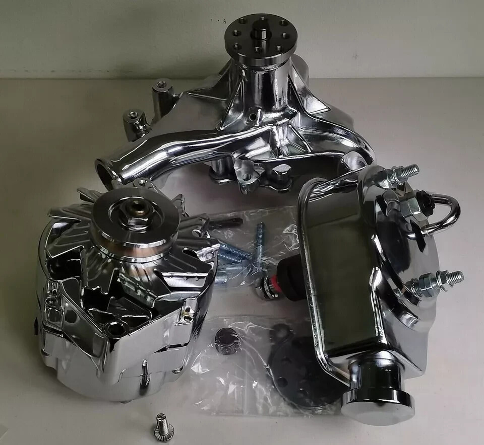 SBC Chevy Alum Pulley & Bracket Kit w Alternator Power Steering Long Water Pump