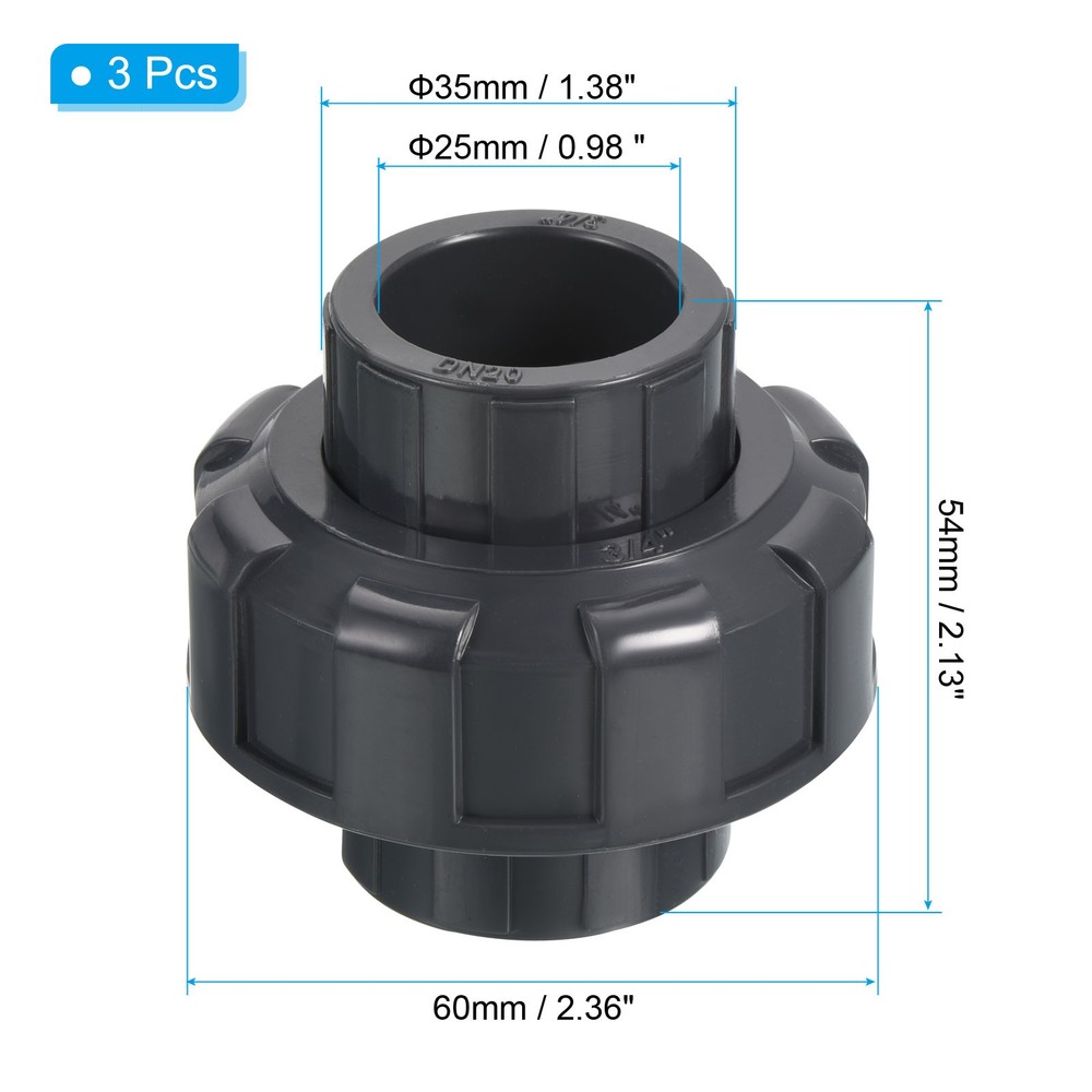 3pcs 3/4" Socket UPVC Pipe Fitting Straight Joint Union Connector, Grey