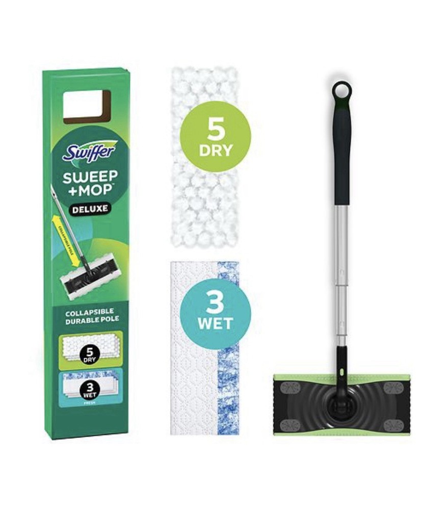 Swiffer Sweep + Mop Deluxe Wet/Dry Pad Mop, Metal Handle, Rectangular Shape