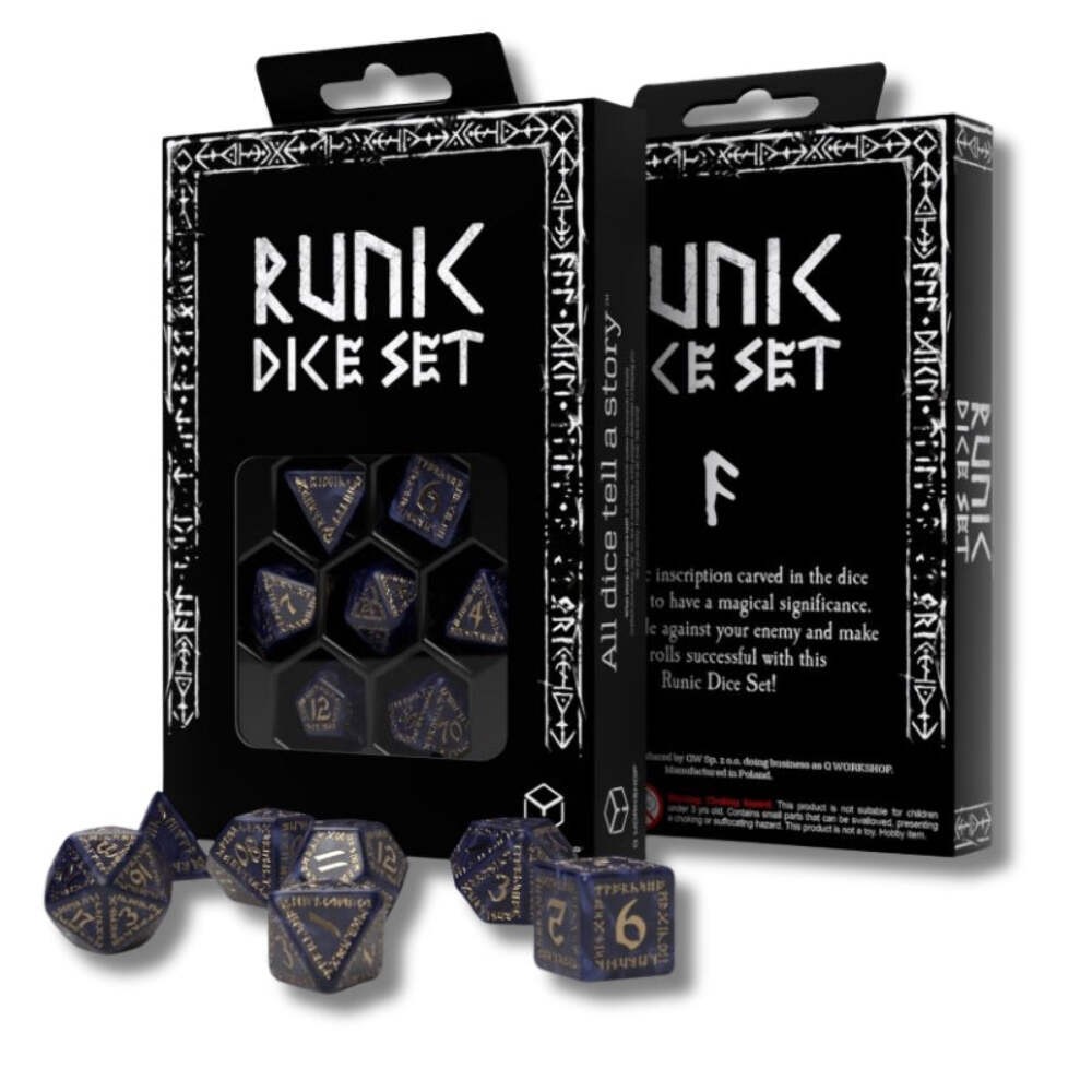 Q-Workshop Runic Dice Set 7Pc Mixed Blue Gold Polyhedral RPG DnD