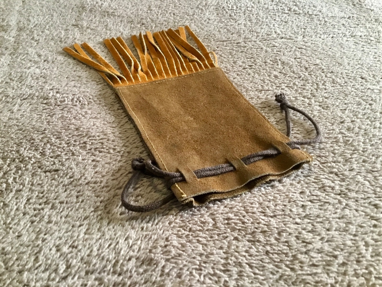 Vintage 1970's Brown Leather Drawstring Stash Pouch With Fringe