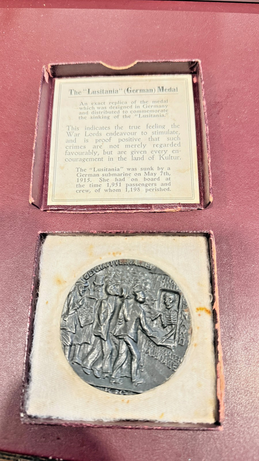 Replica of the RMS Lusitania Sinking Medal in Original Propaganda Box