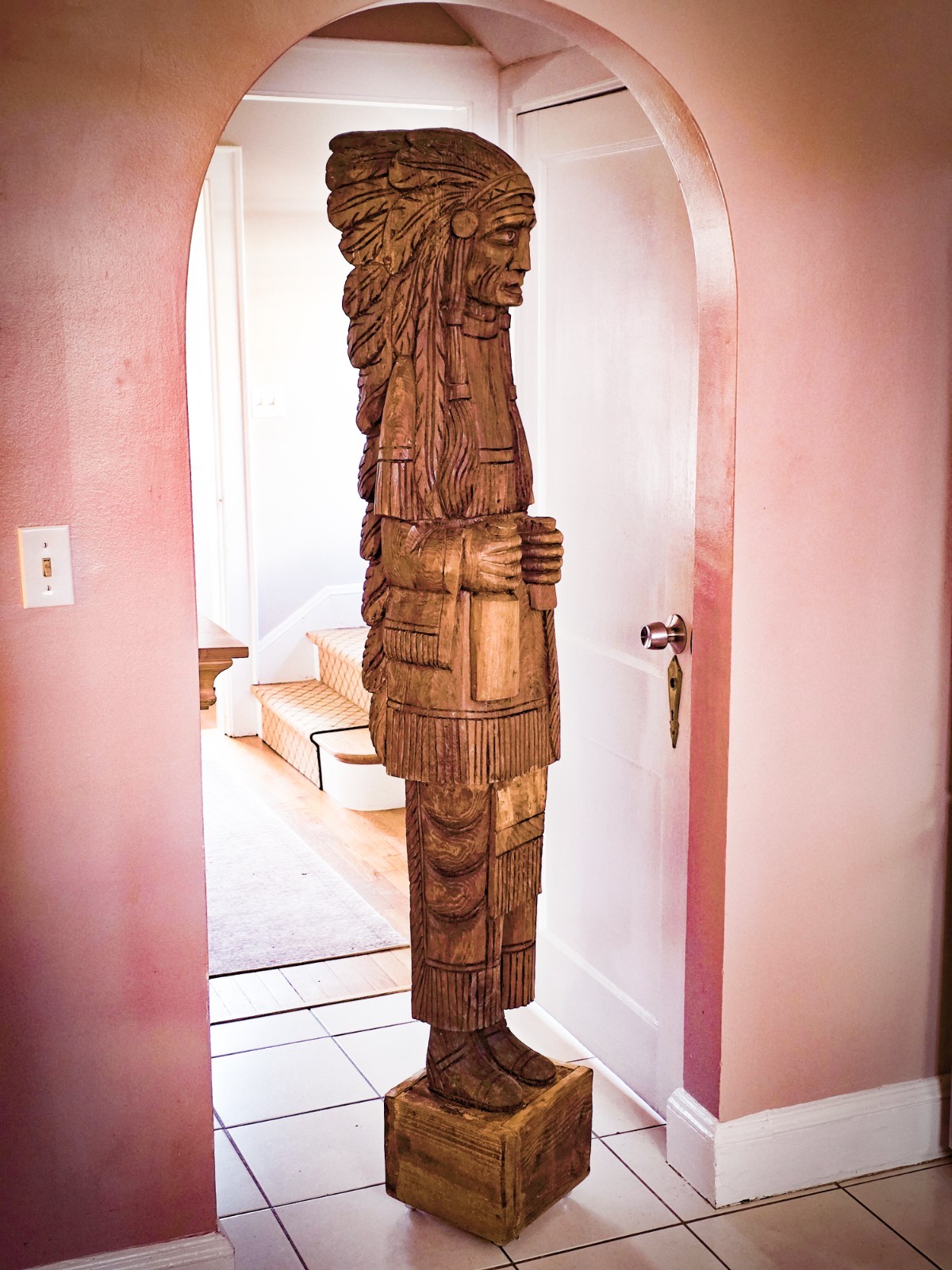 One of a kind 6' / 72lbs. CIGAR STORE INDIAN hand carved from oak
