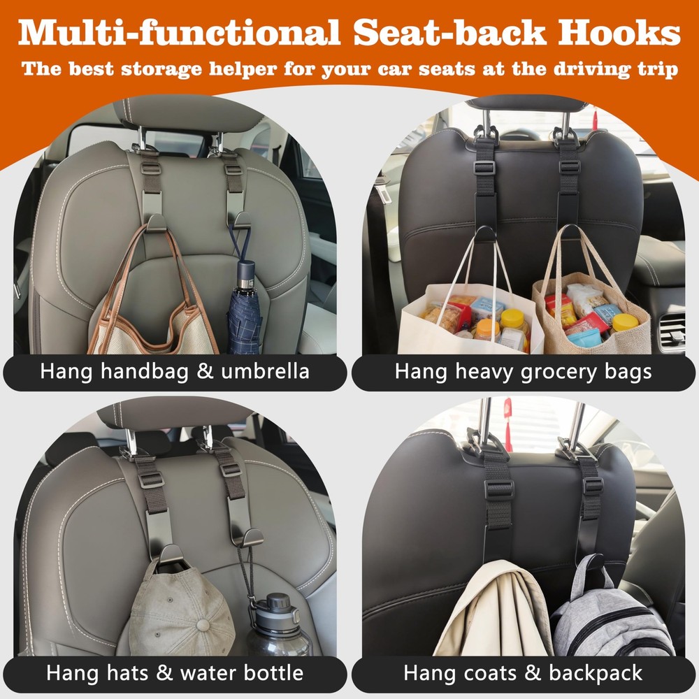 Car Headrest Hooks 4 Pack Adjustable Universal Fit Auto Seat Back Organizer