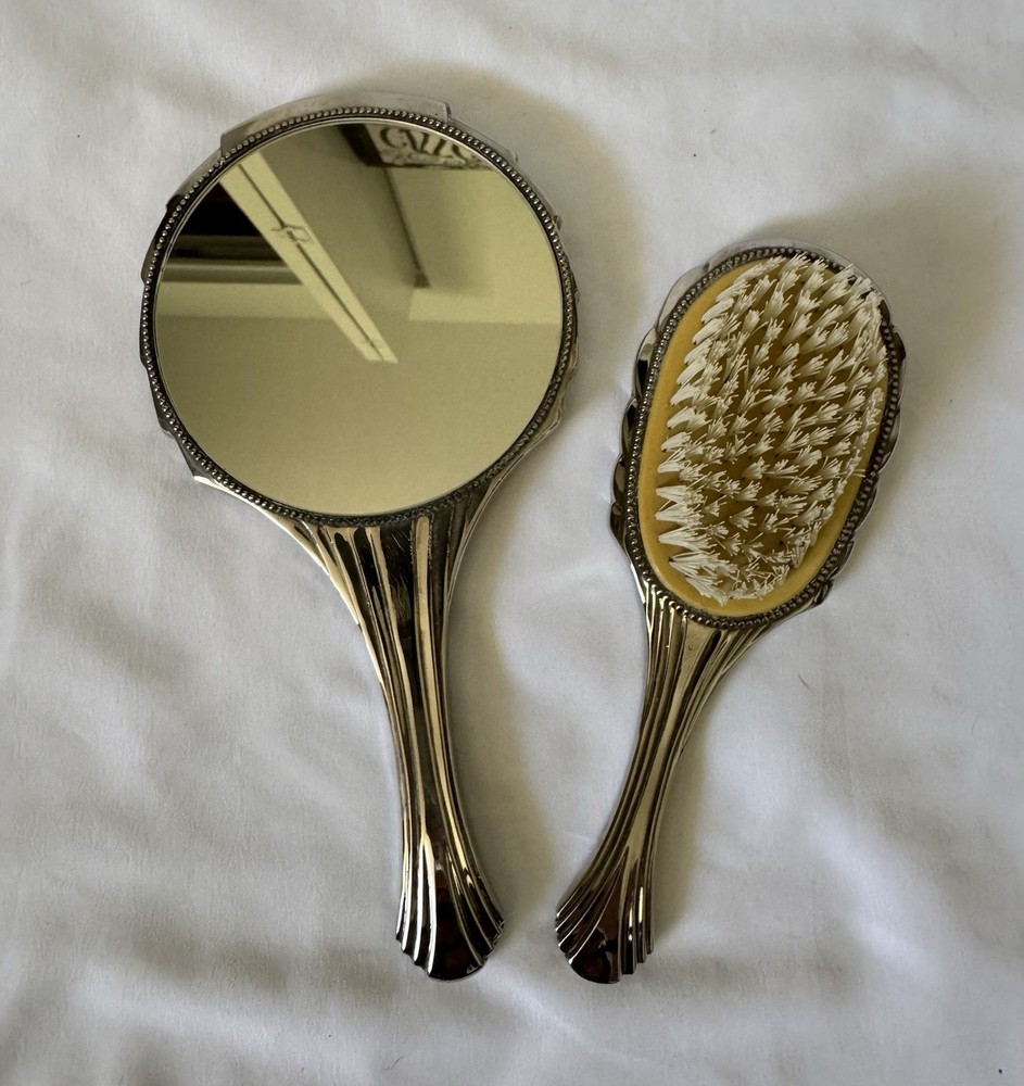 Vintage Art Deco International Silver Plated Handheld Mirror and Brush Set