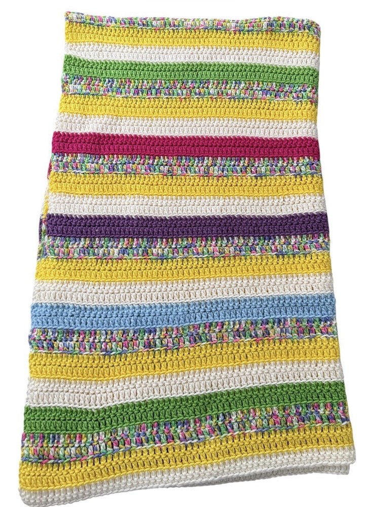 Handmade Multicolor Striped Crochet Sofa Throw Spring Pastel Decorative Blanket