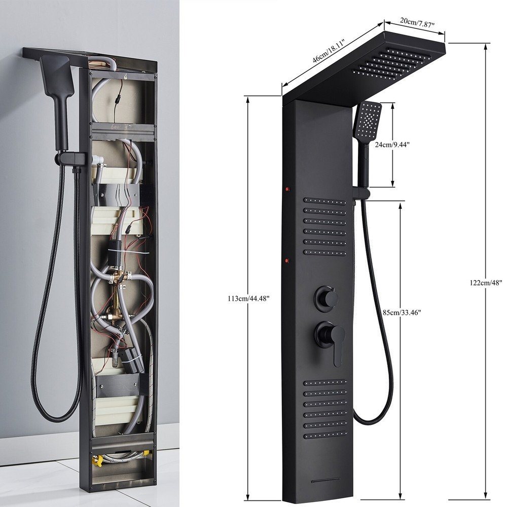 LED Black RainFall Shower Panel Tower System w/ Shower Spayer Massage Body Jet