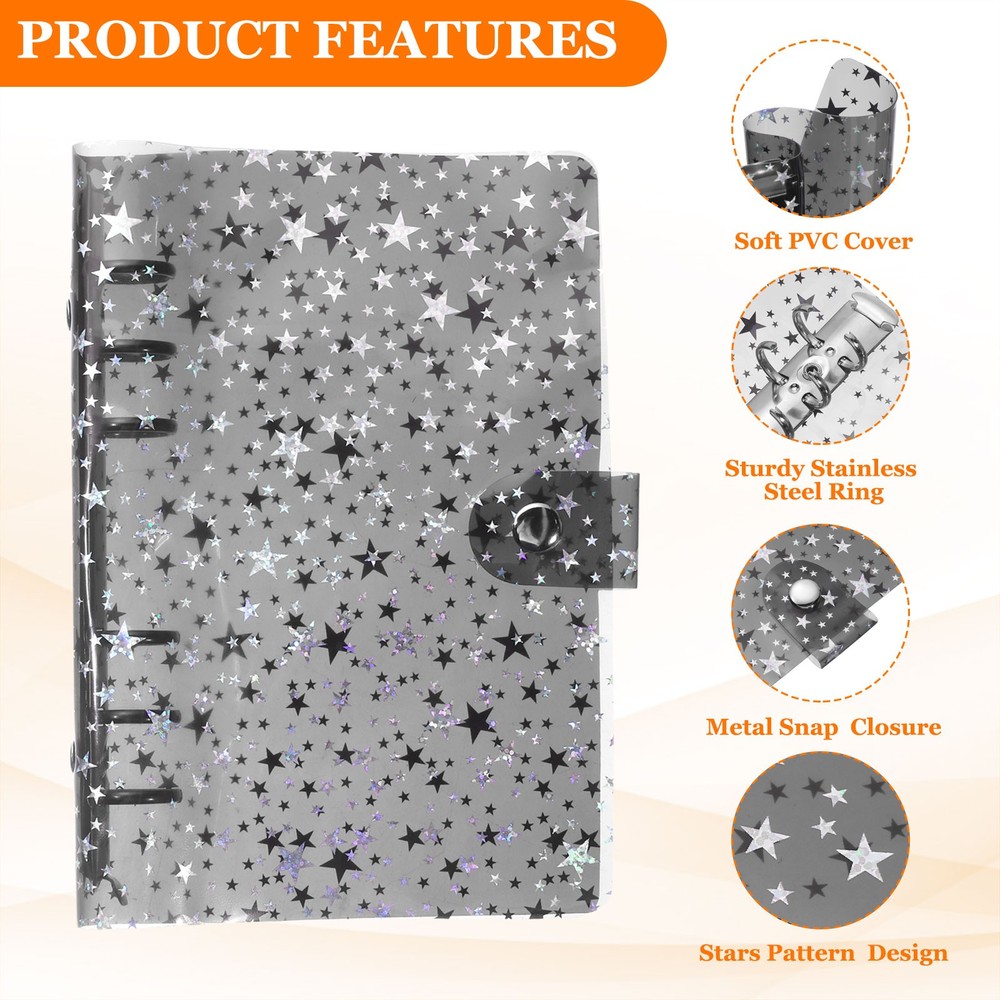 A6 Binder Cover, Stars Refillable Notebook Shell with Snap Button, Black