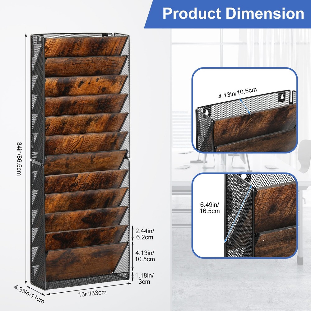 TQVAI 12-Tier Wall File Organizer - Folding Wall Mounted Mail Document Holder