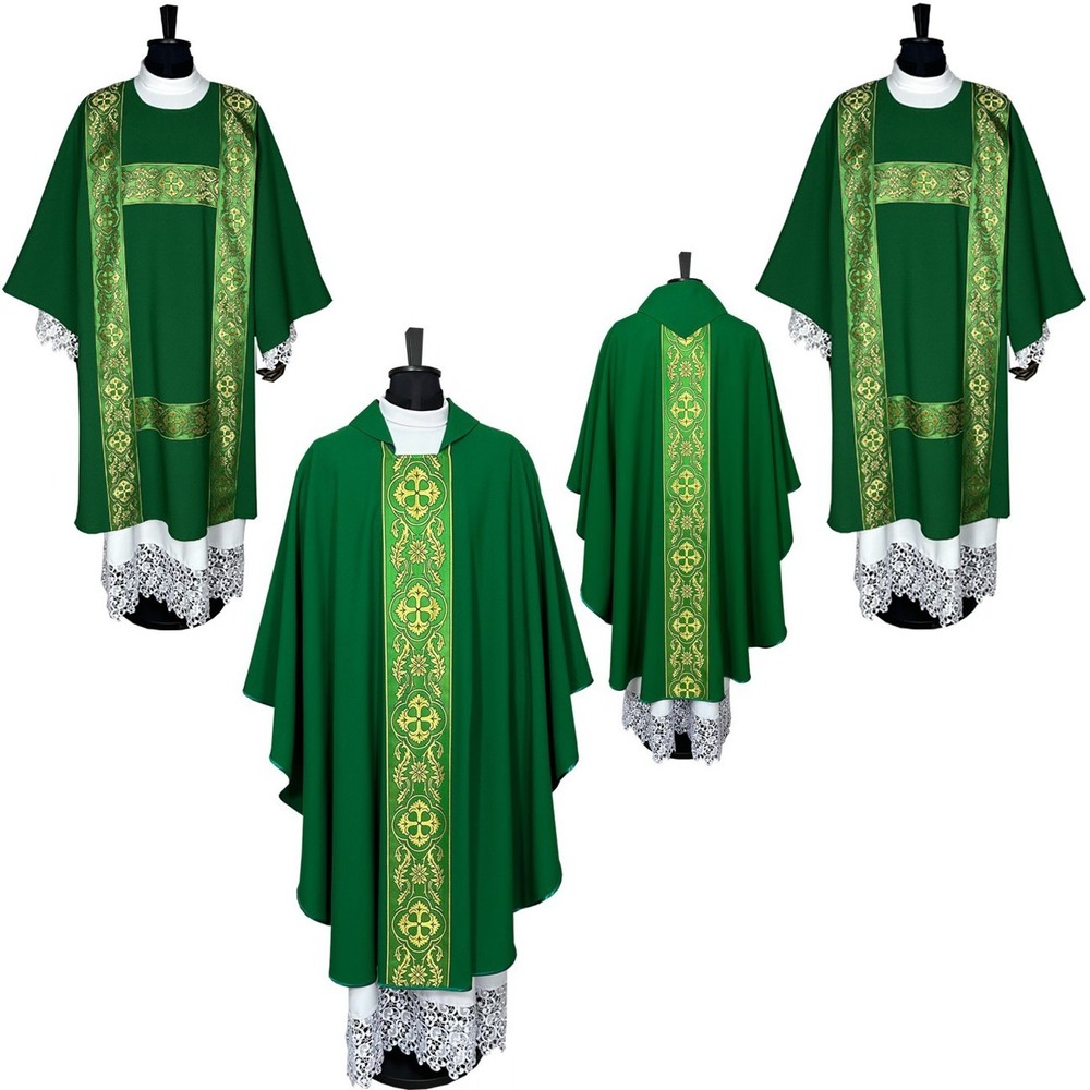 Two deacon Dalmatics +  chasuble, open sides, green plain fabric, orphrey