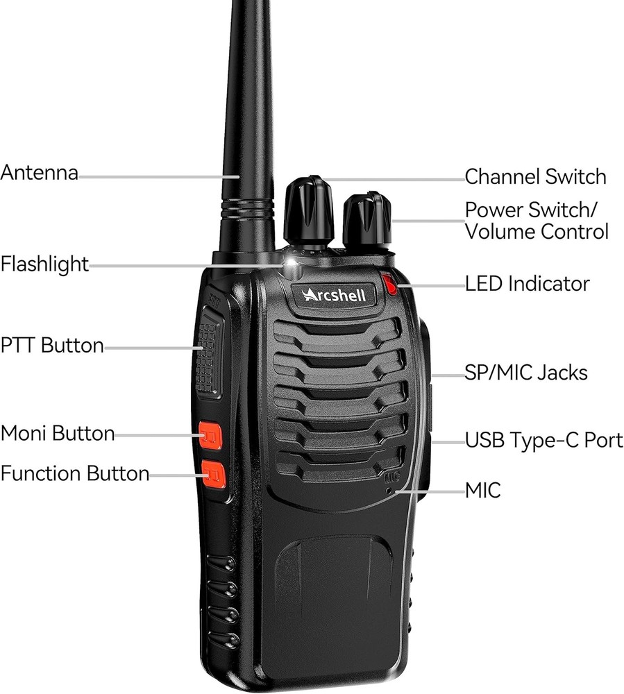 Rechargeable Long Range Two-Way Radios with Earpiece 2 Pack Arcshell Black