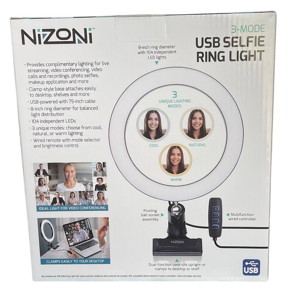 USB Selfie Ring Light Nizoni 3-Mode Wired Controller 3X Lighting Modes NEW