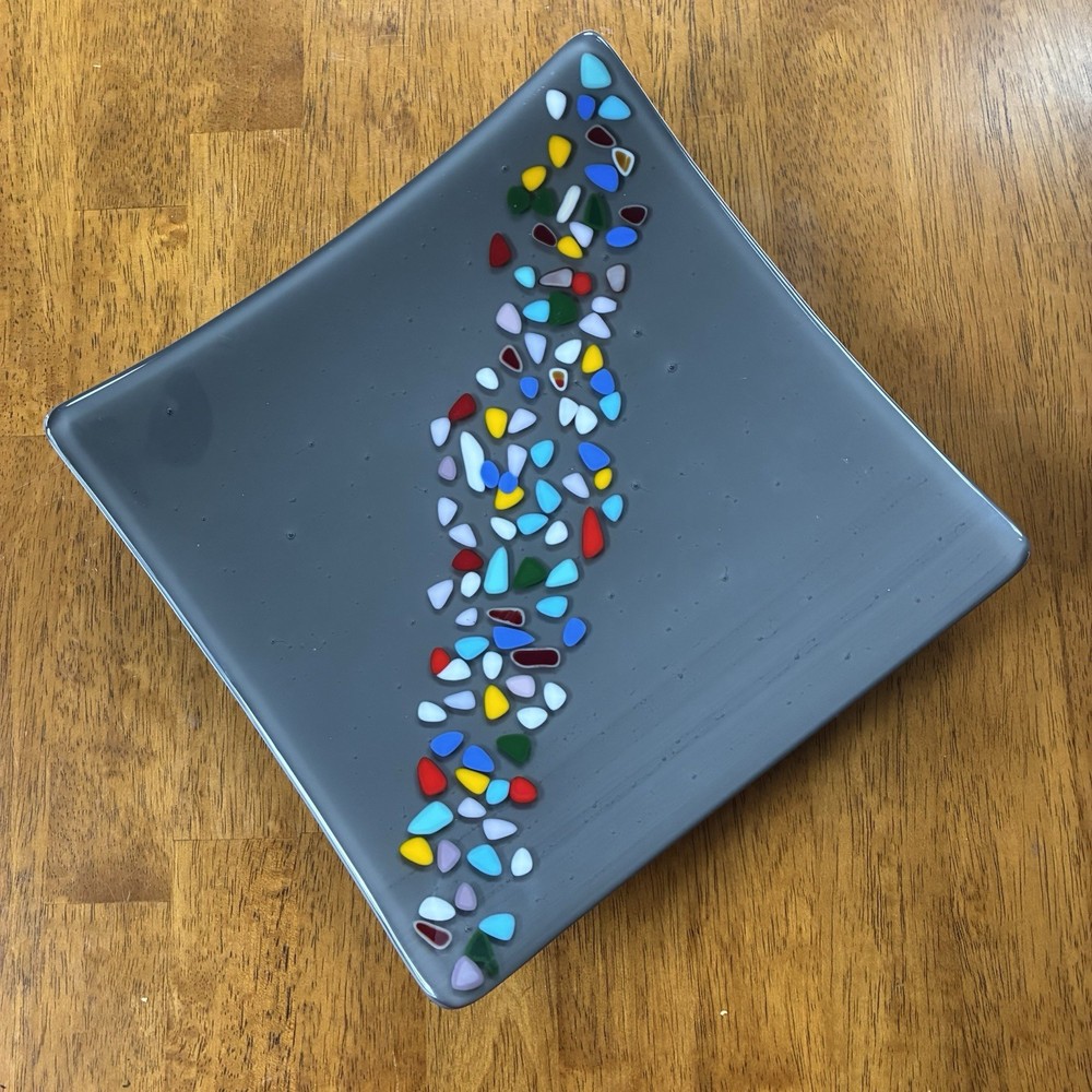 Glass Decorative Home Decor Tray Dish Gray Signed