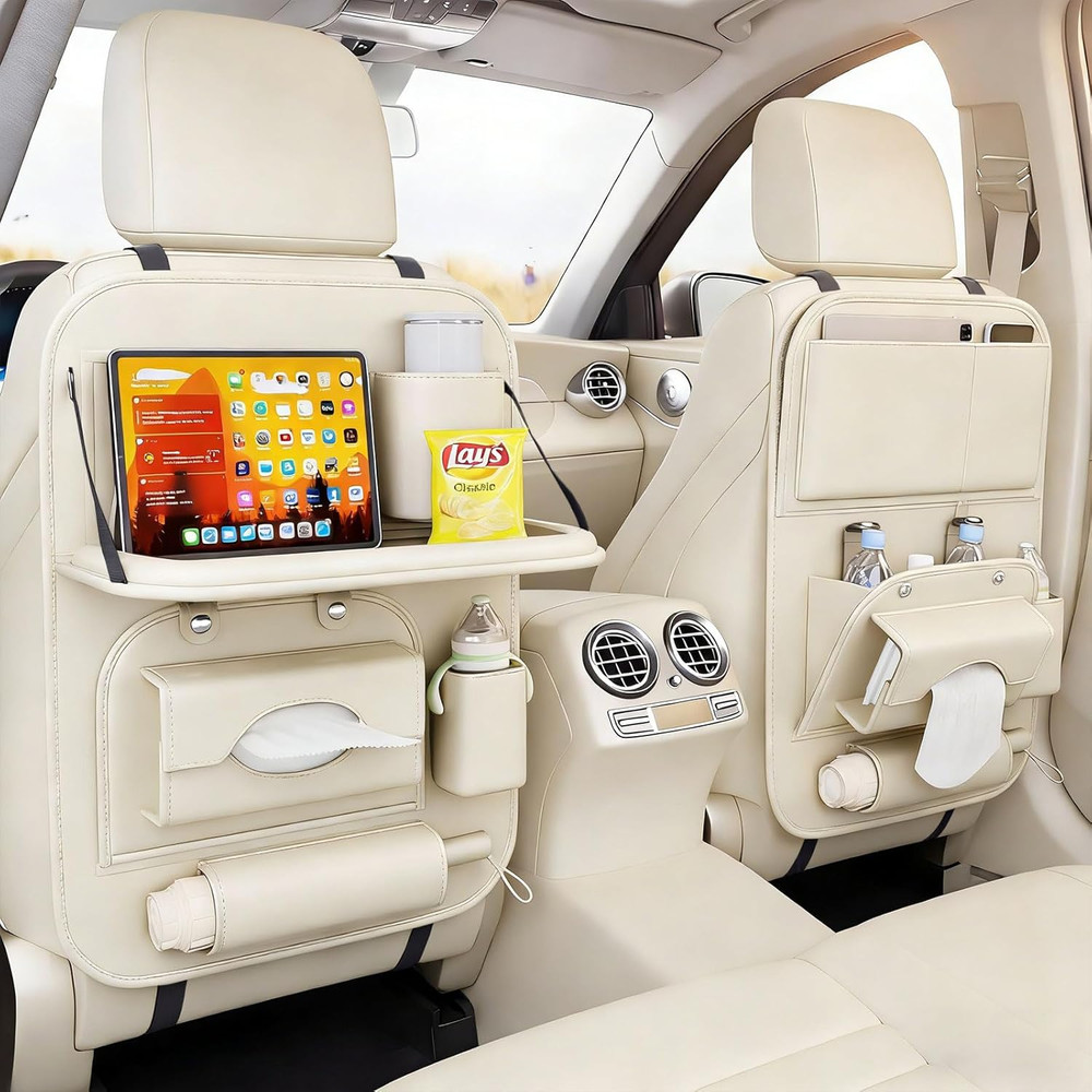 2 Pack Universal Premium Leather Foldable Car Backseat Organizer with Table Tray