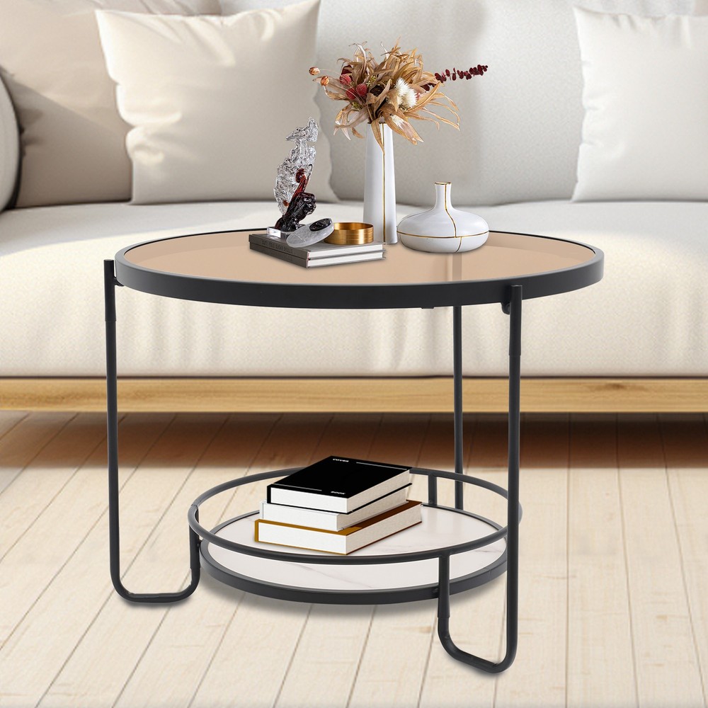 2-tier Modern Side Table Tempered Glass Side Table Round Coffee Table 60cm dia.
