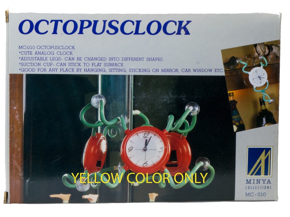 OCTOPUS CLOCK YELLOW CASE ADJUSTABLE LEGS WITH SUCTION CUPS STICK FLAT SURFACE