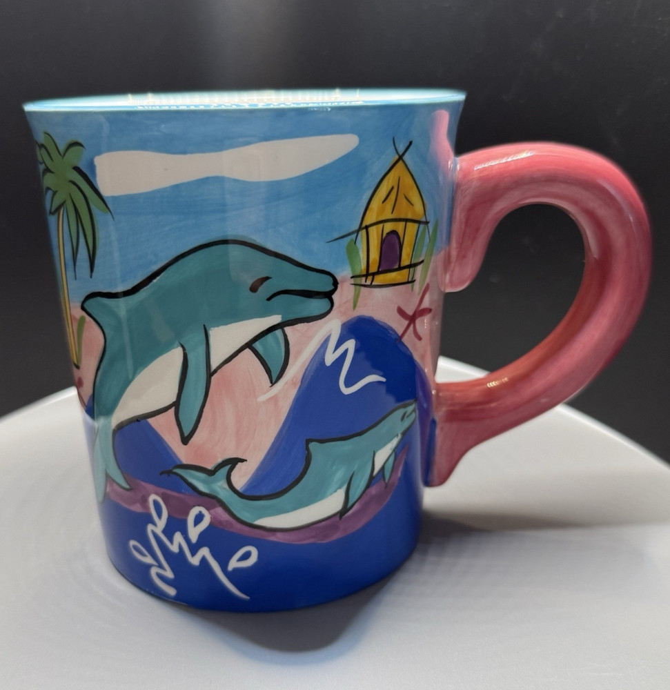 Brightly Painted Large Coffee Mug with Dolphins, Collectable, Gift