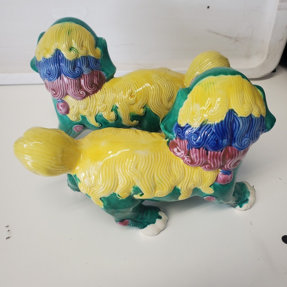 Multi- colored Porcelain Standing Chinese Foo Dog Set.