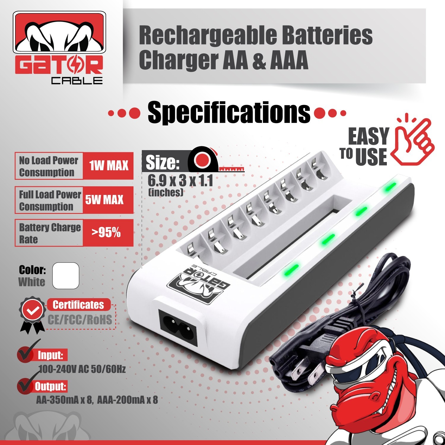 Rechargeable Battery Charger AA AAA Ni-MH Ni-CD Automatic Charged Red LED Light