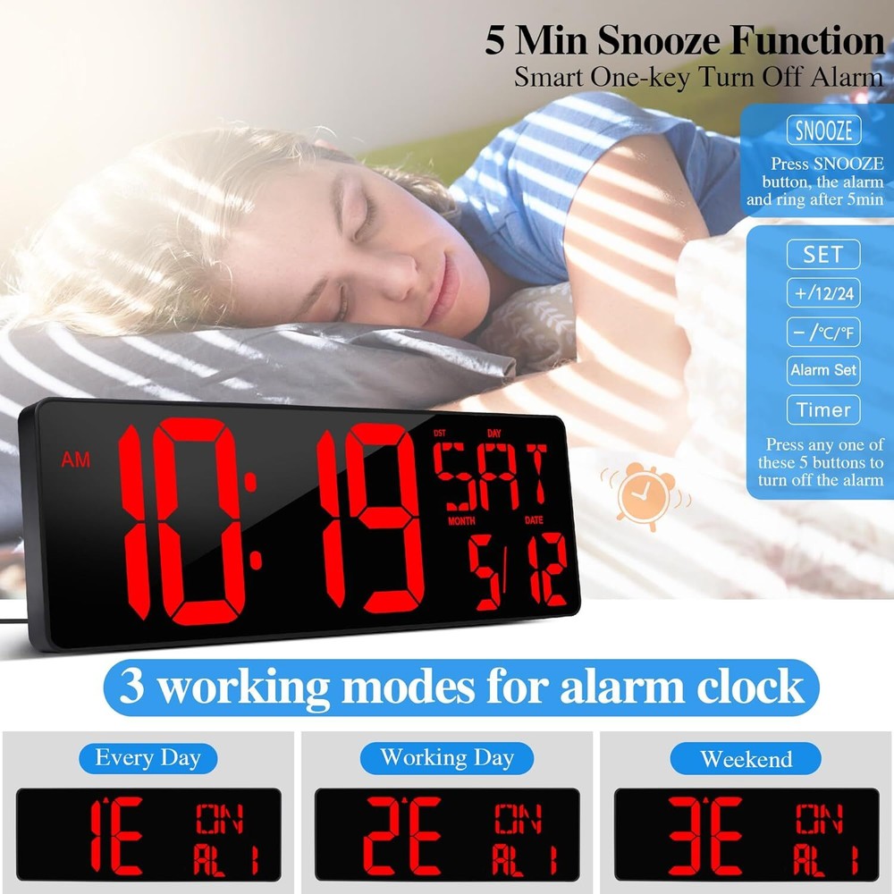 17.2" Large LED Digital Wall Clock w/ Remote Control &Auto-Adjustable Brightness
