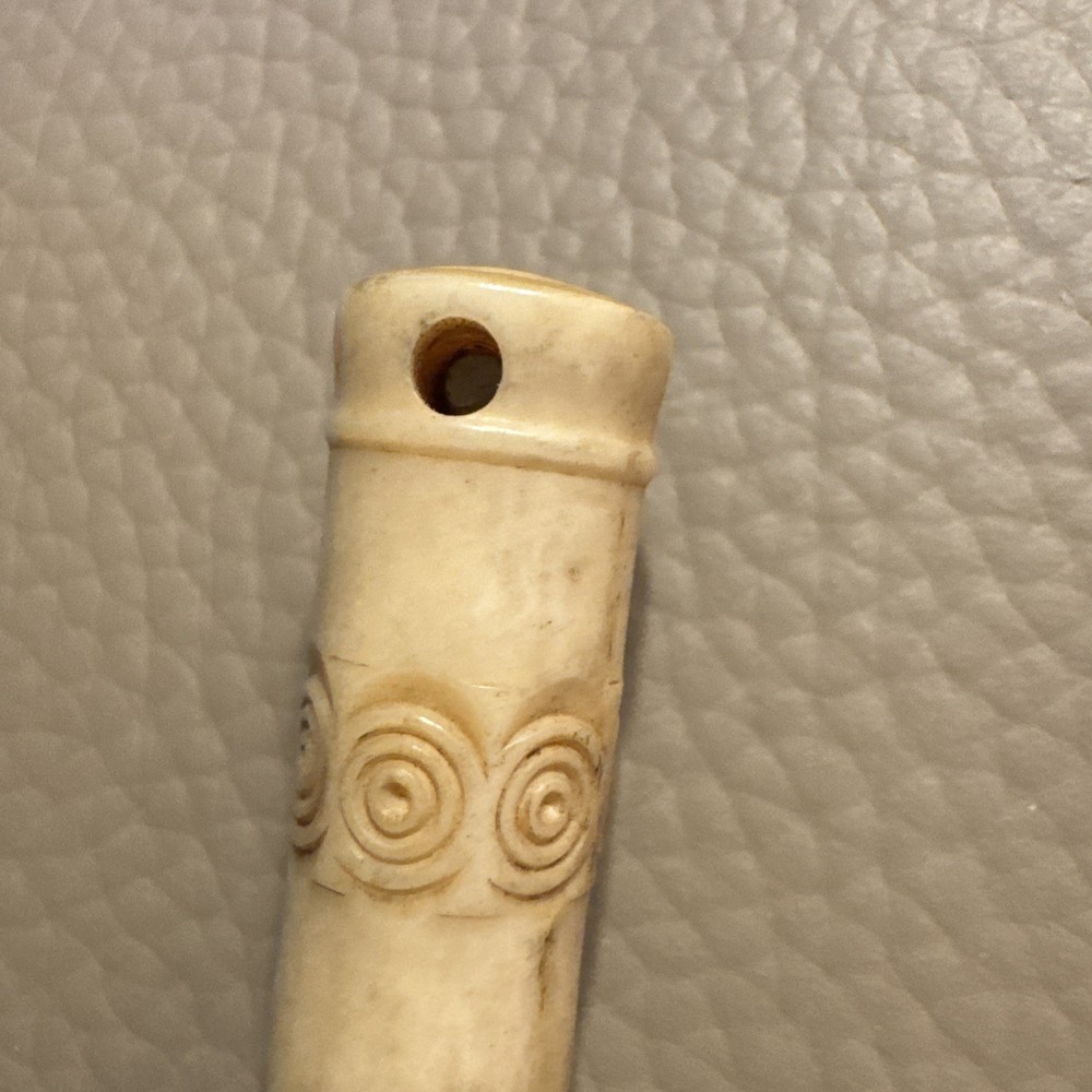 19th c. Carved Cow Bone 3 1/2" Sewing Needle Case w/ Openwork
